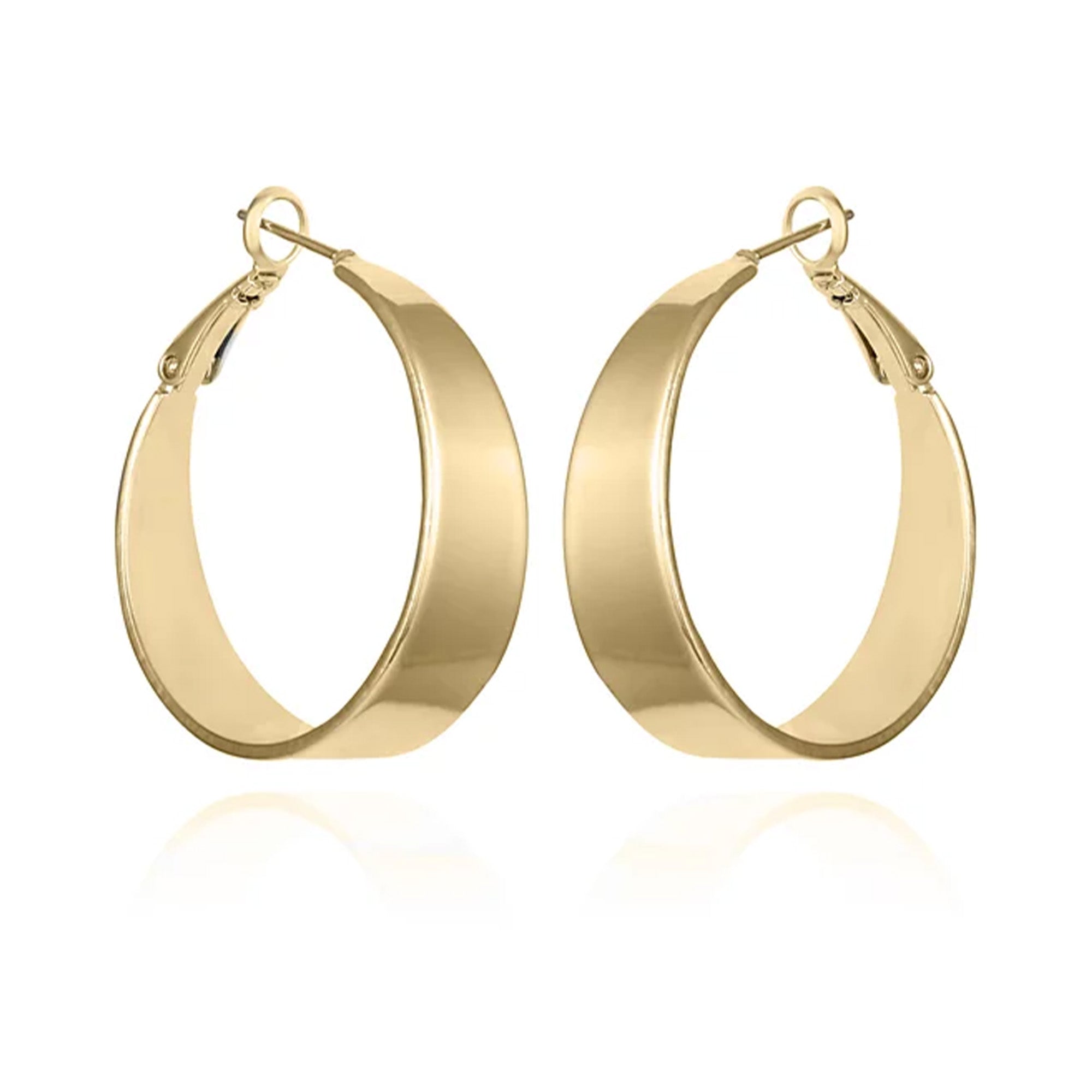 The Vince Camuto Band Thick Hoop Earrings feature classic gold-tone, wide smooth bands with latch-back clasps, shown against a white background.