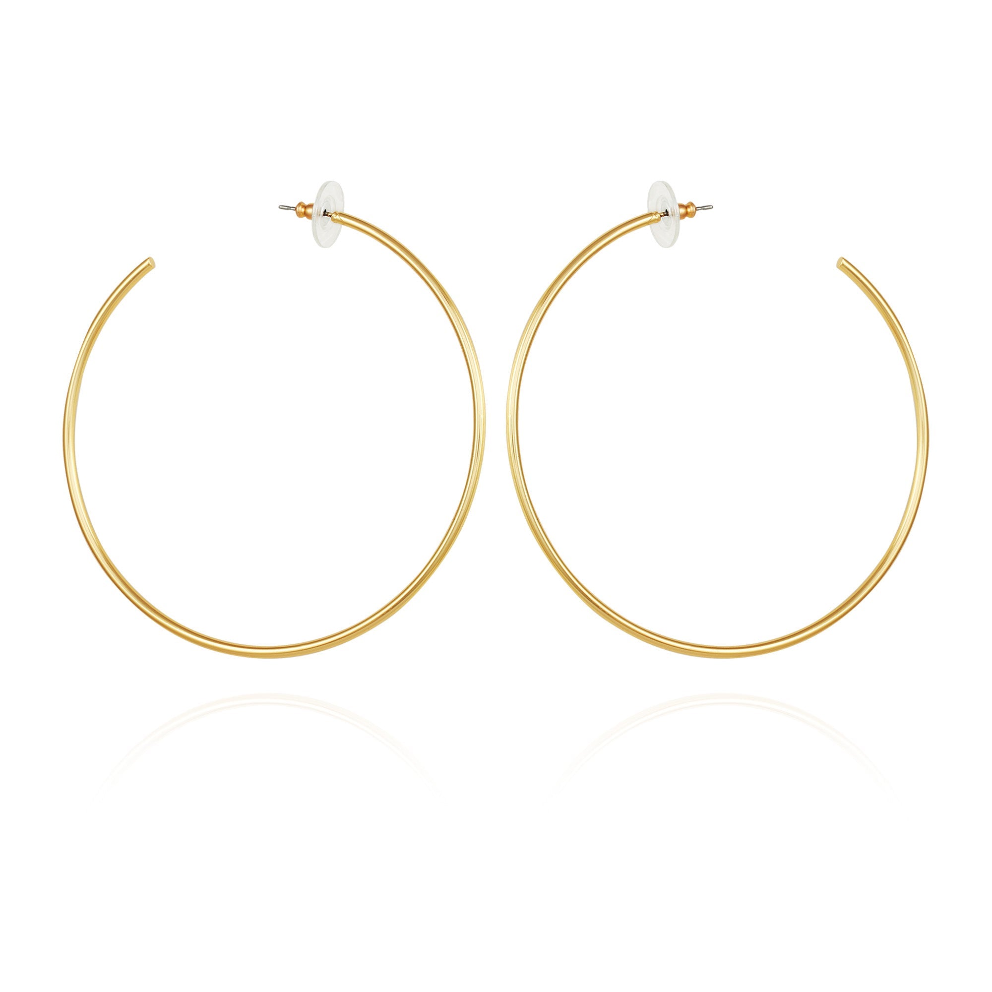 Large Open Hoop Earrings by Vince Camuto feature thin gold hoops with straight posts and clear, round backs, shown on a white background.