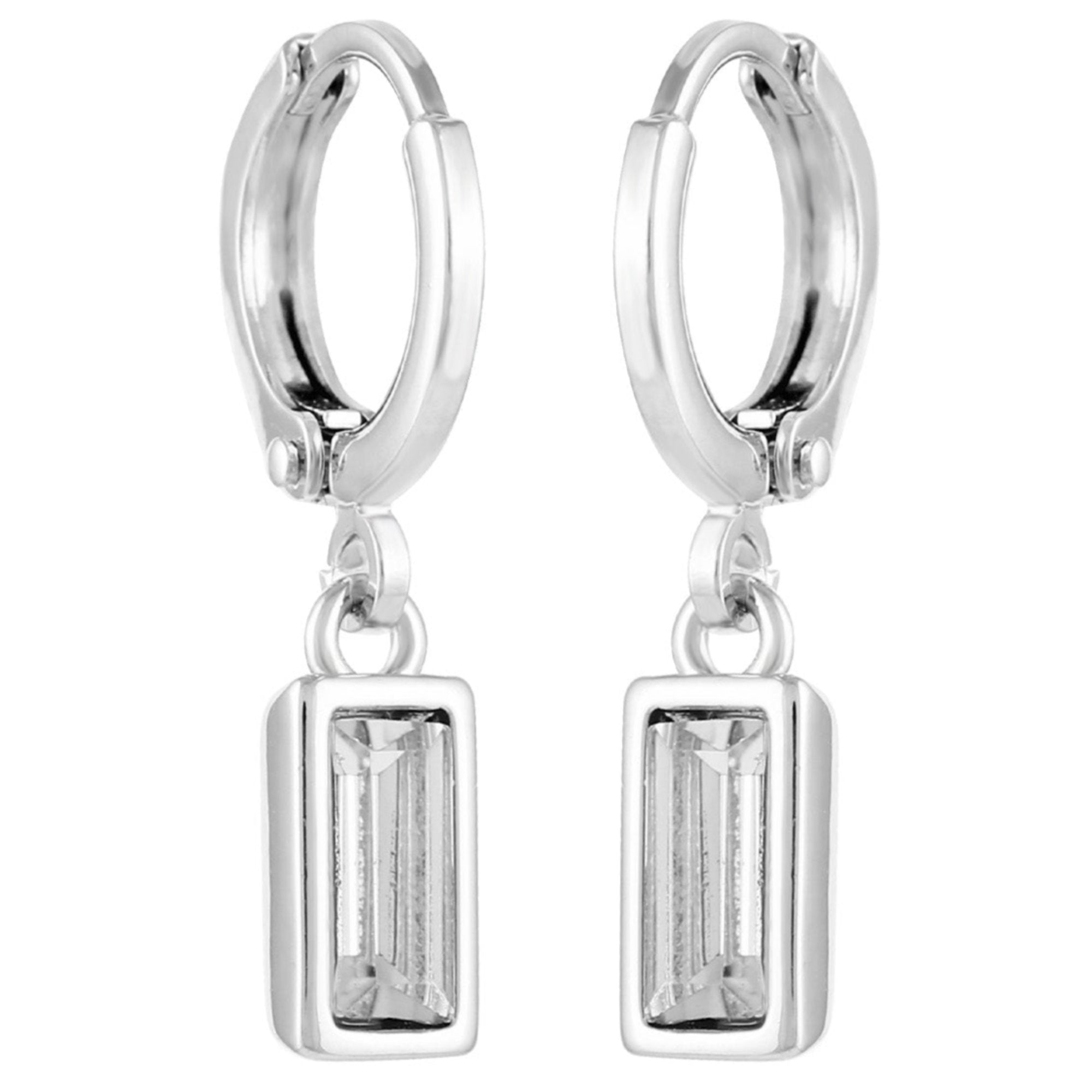 Rectangular Glass Stone Huggie Drop Earrings - Silver Tone - Vince Camuto
