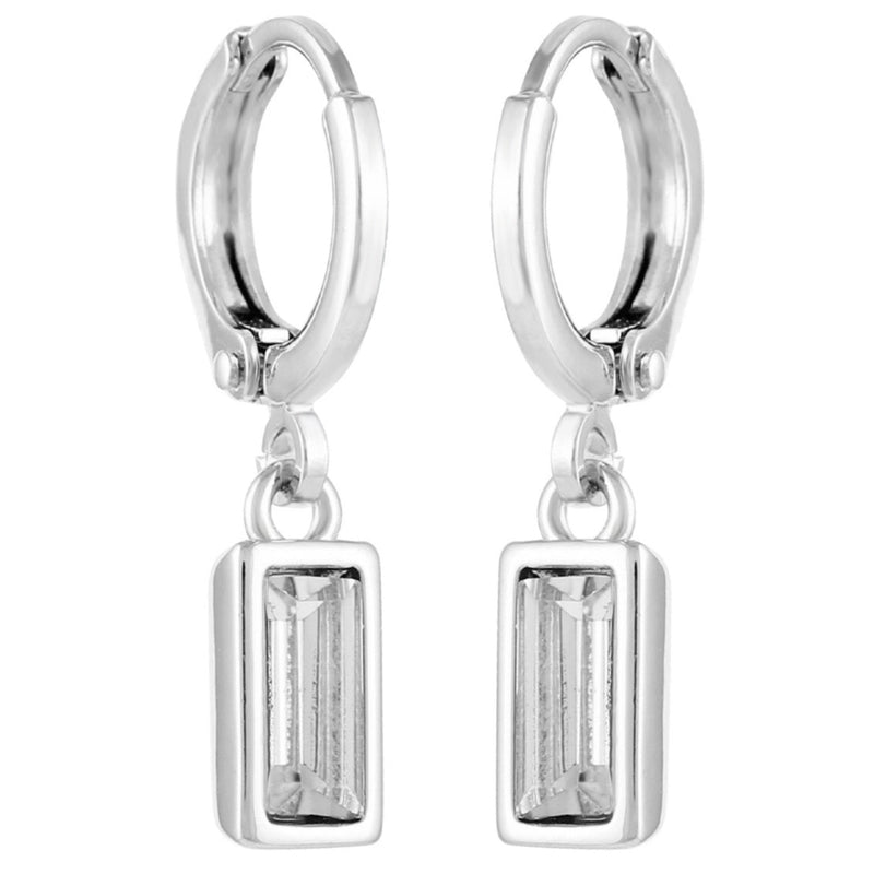 Rectangular Glass Stone Huggie Drop Earrings - Silver Tone - Vince Camuto