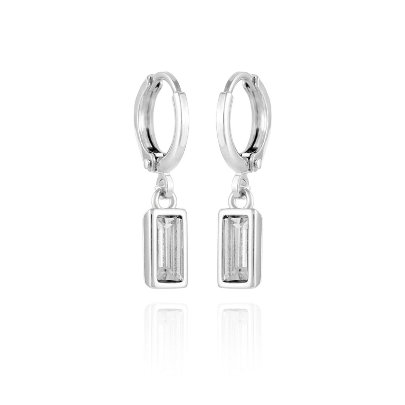 Rectangular Glass Stone Huggie Drop Earrings - Silver Tone - Vince Camuto