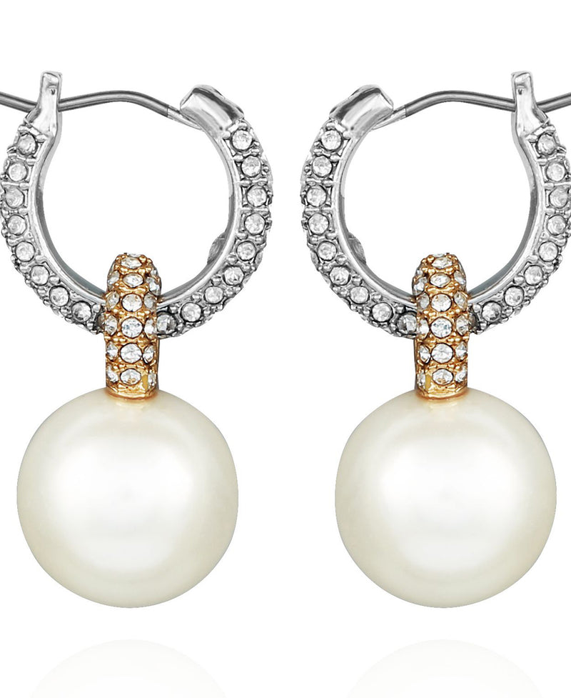 Two Tone Pearl Drop Hoop Earrings - Silver Tone - Vince Camuto