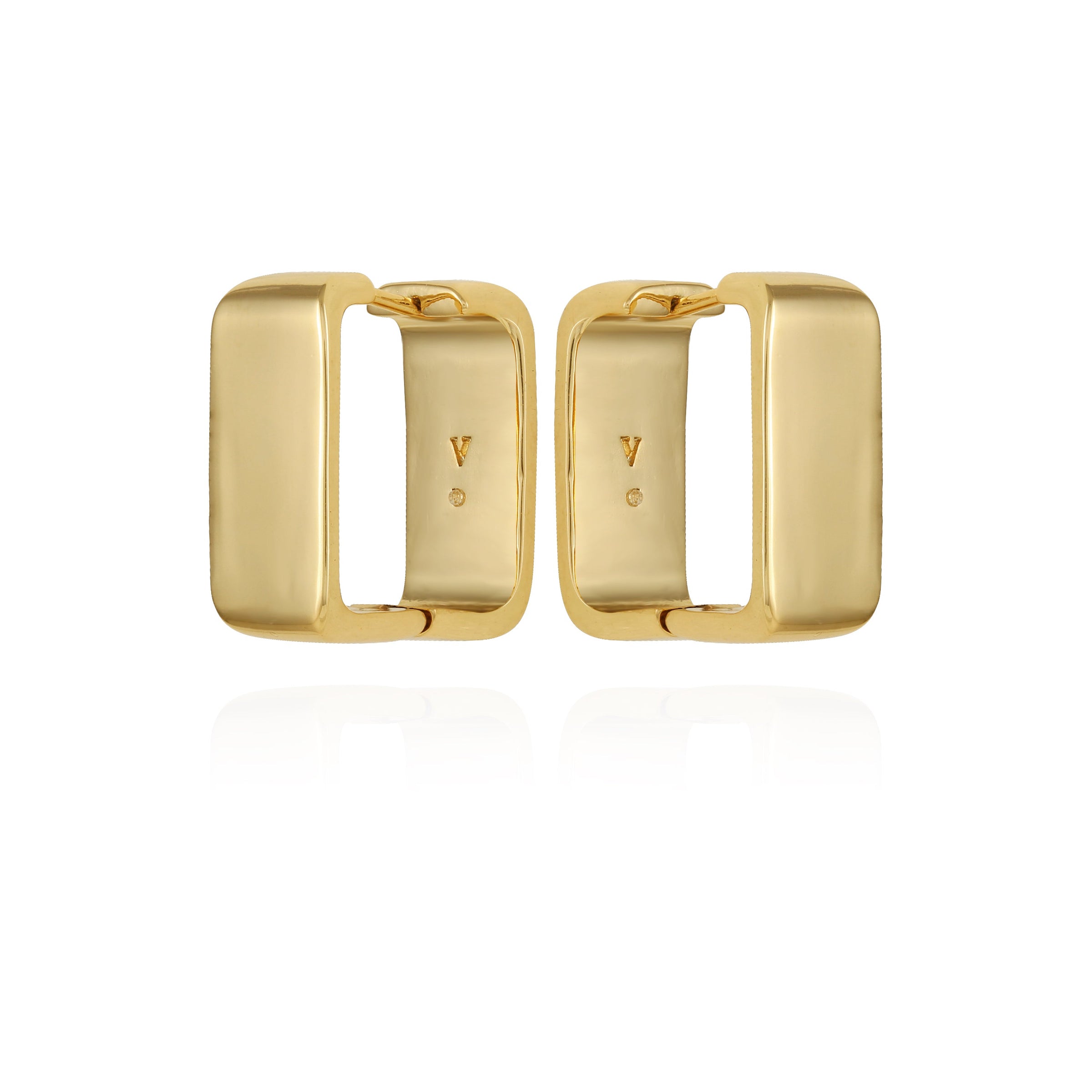 The Vince Camuto Brass Rectangle Hoop Earrings feature a chunky, gold-tone design with a smooth, polished finish. Displayed upright and facing each other against a white background, these vintage-inspired hoops add timeless elegance.