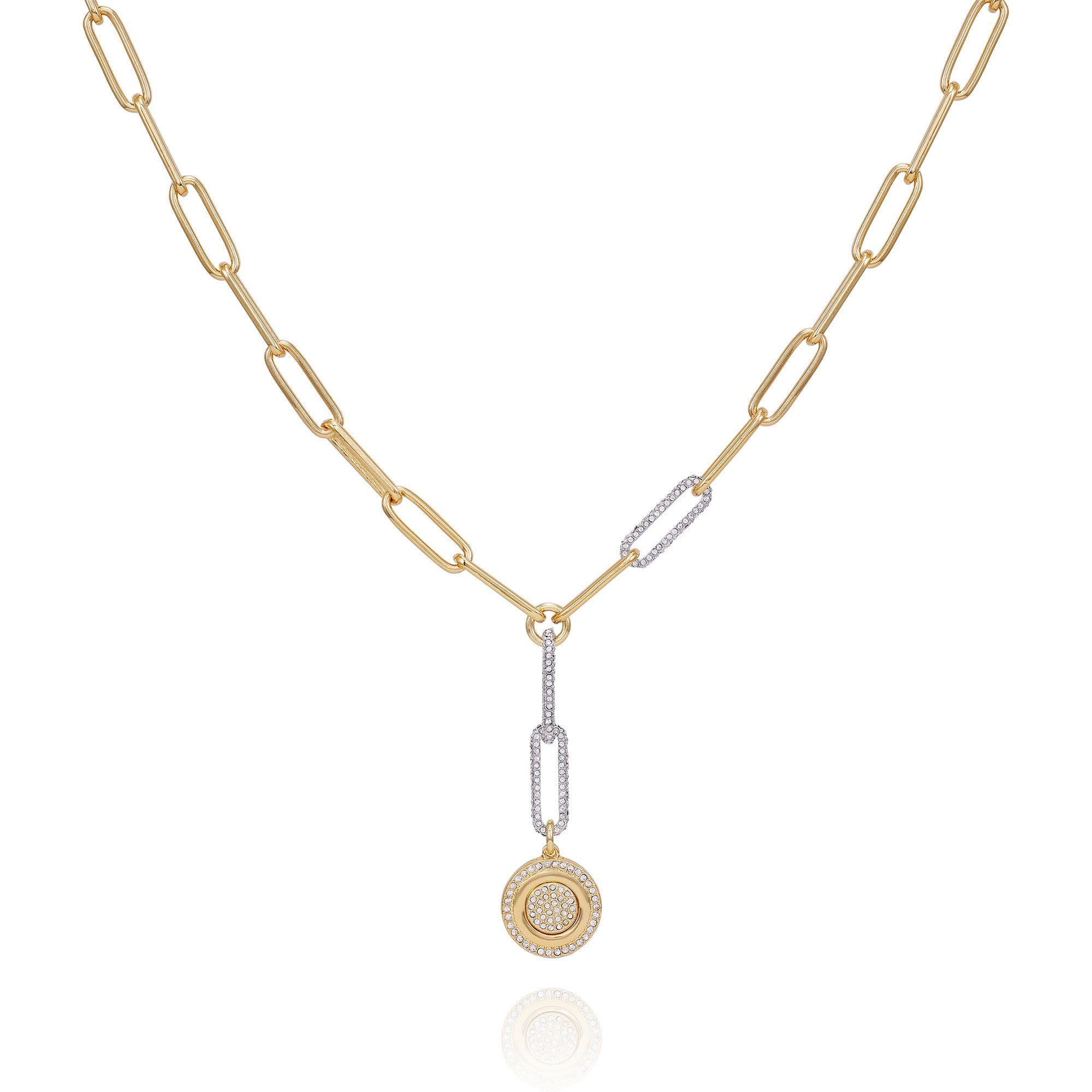 The Vince Camuto Two Tone Coin Pendant Y Necklace features elongated gold paper links, with a diamond-accented coin pendant and diamond-adorned connector links that add sparkling contrast to the primarily gold design.