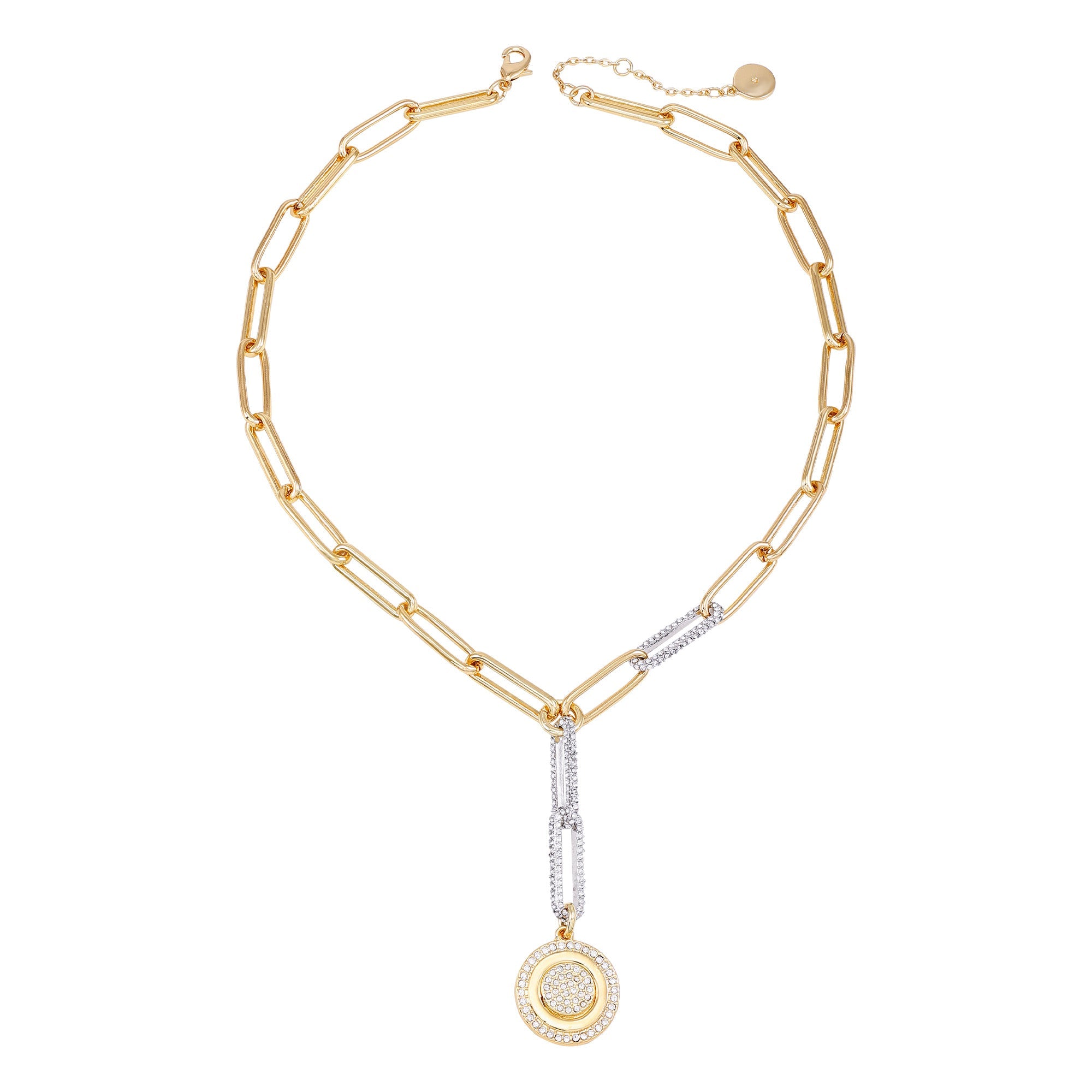 The Vince Camuto Two Tone Coin Pendant Y Necklace features a gold paper link chain with silver links and a round, coin-shaped pendant adorned with clear stones for a modern look.