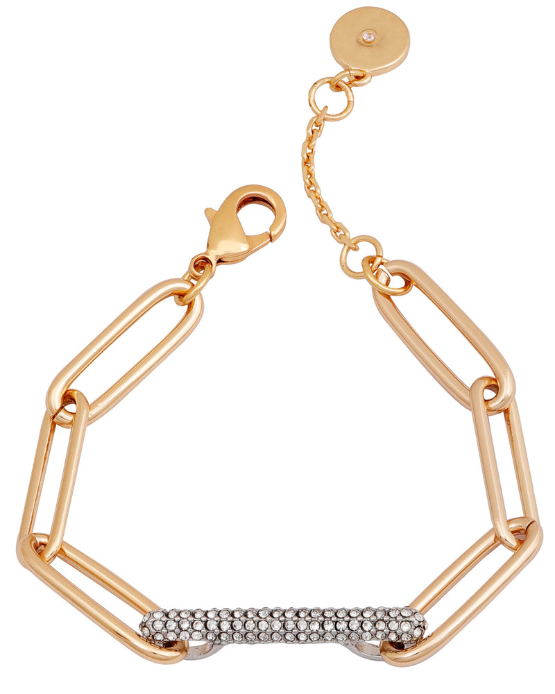 Gold Tone Paperclip Link Chain Bracelet With Crystal Stone Pave Bar - Two Tone - Vince Camuto