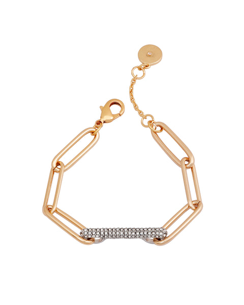 Gold Tone Paperclip Link Chain Bracelet With Crystal Stone Pave Bar - Two Tone - Vince Camuto