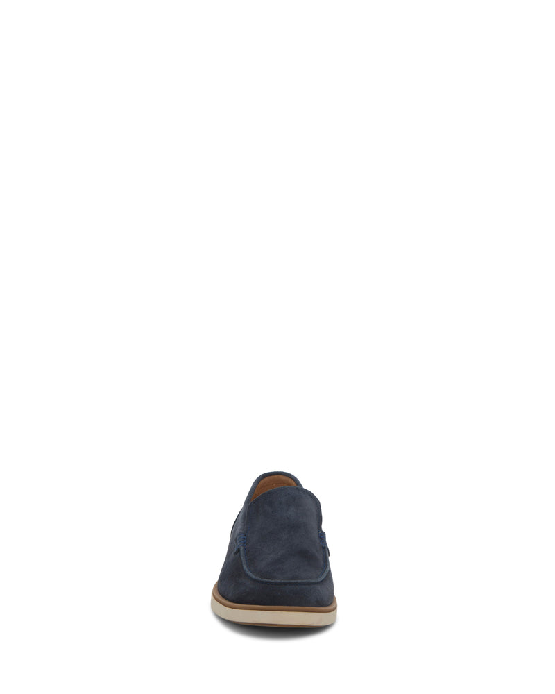 The Vince Camuto Men's Sevrin Casual Loafer in navy blue suede is displayed from the back, centered against a white background.