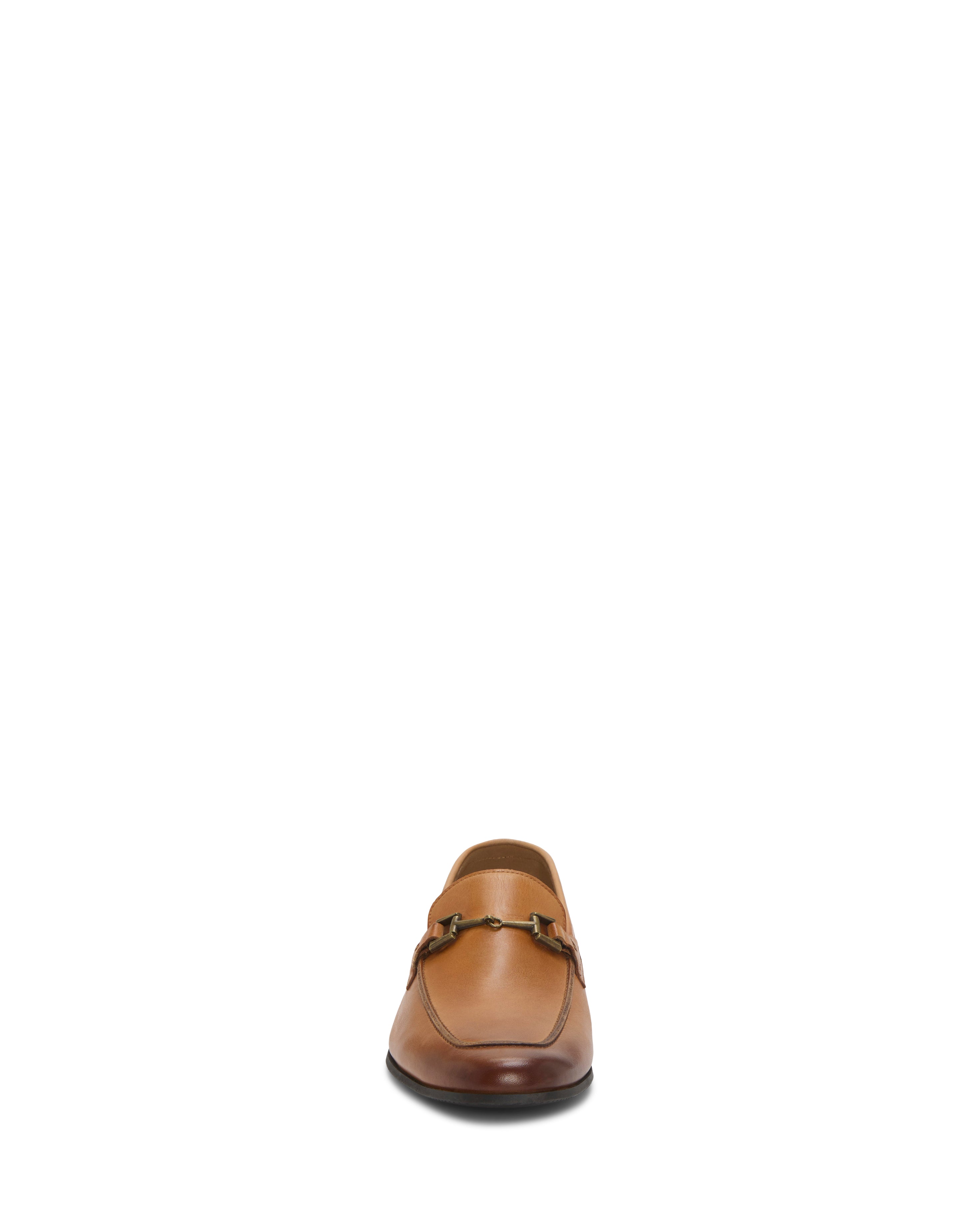 Front view of the Vince Camuto Men's Sevvano Dress Loafer in brown leather, showcasing a sleek horse bit detail; this classic slip-on is displayed against a plain white background.