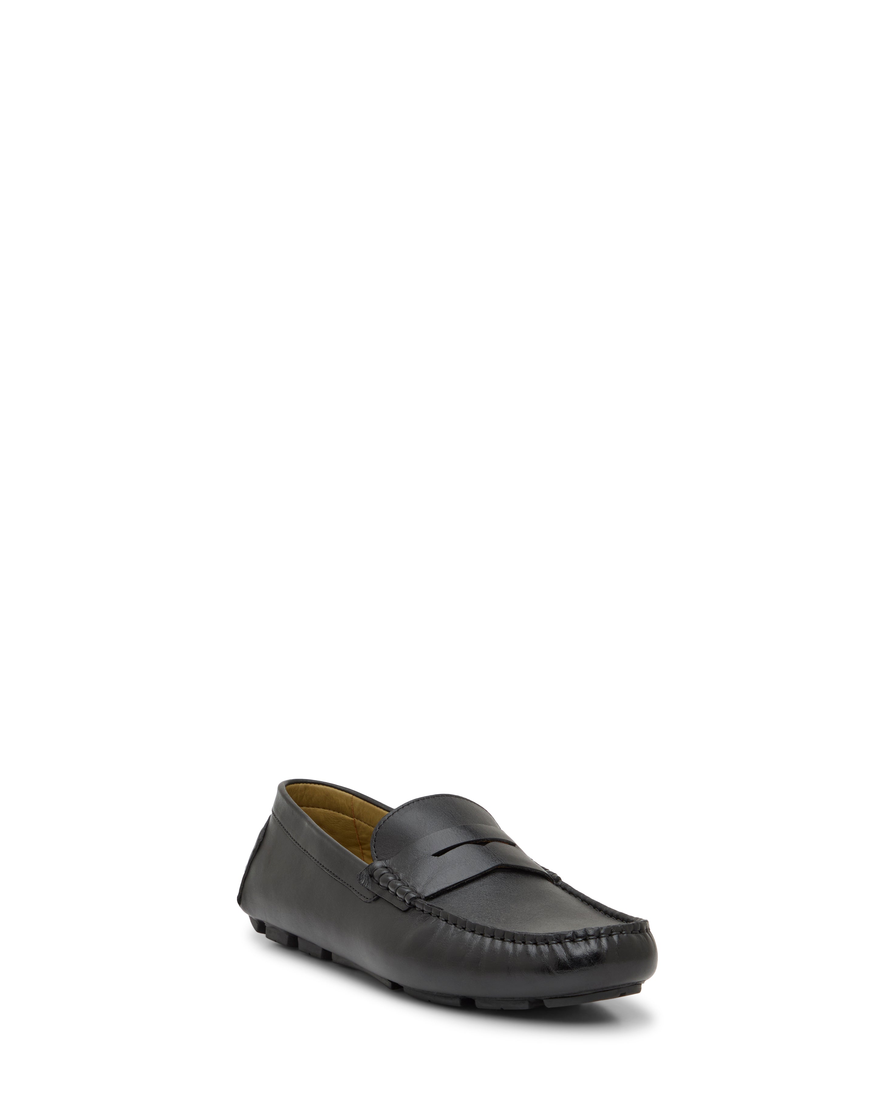 The Vince Camuto Men's Vitzroy Slip-On is a black loafer with a moccasin-style toe, low heel, and rubber sole, shown angled on a white background—elegant and versatile in design.