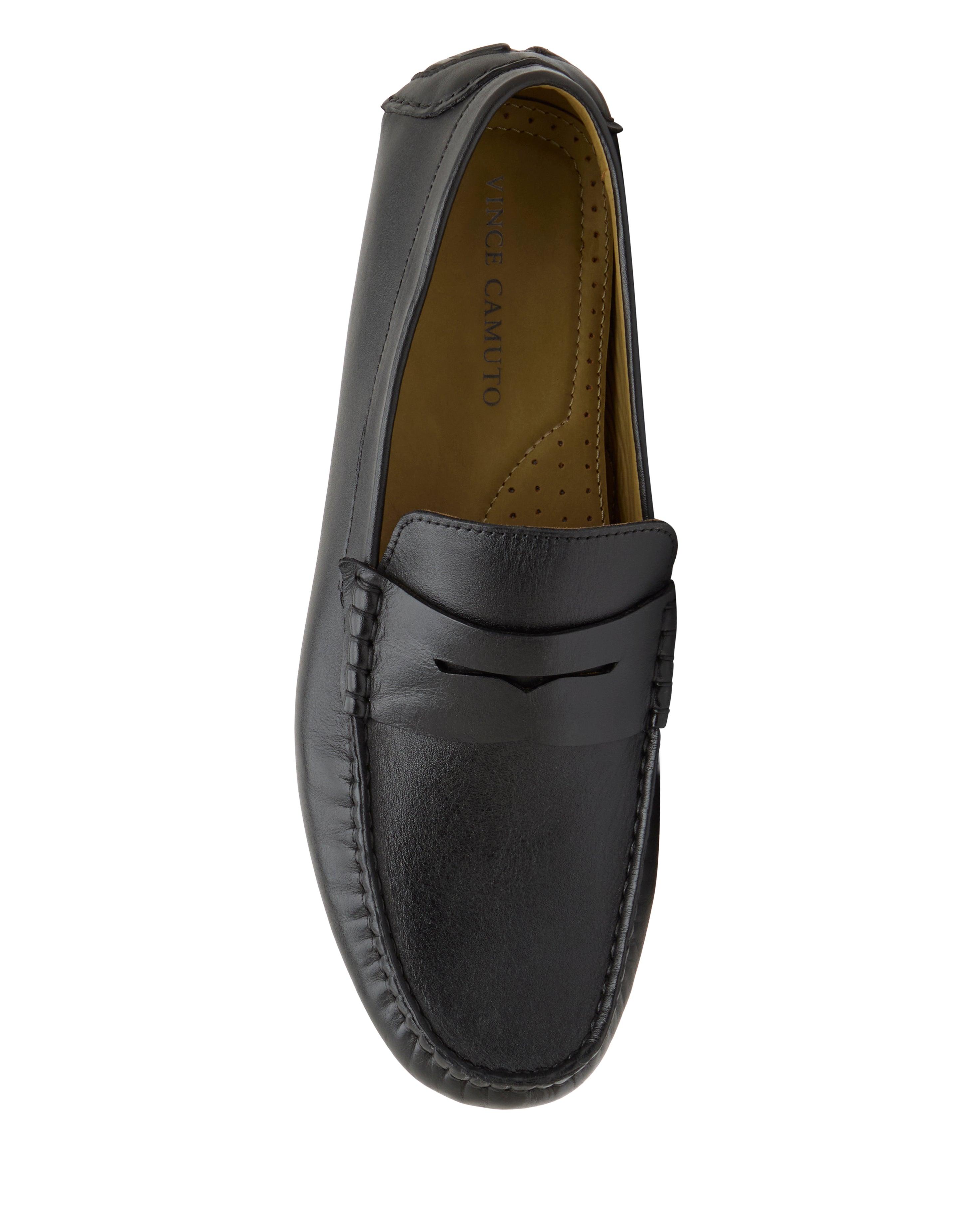 The Vince Camuto Men's Vitzroy Slip-On features black leather, moc toe stitching, a penny slot on the vamp, tan interior lining, and a versatile silhouette suitable for any occasion.