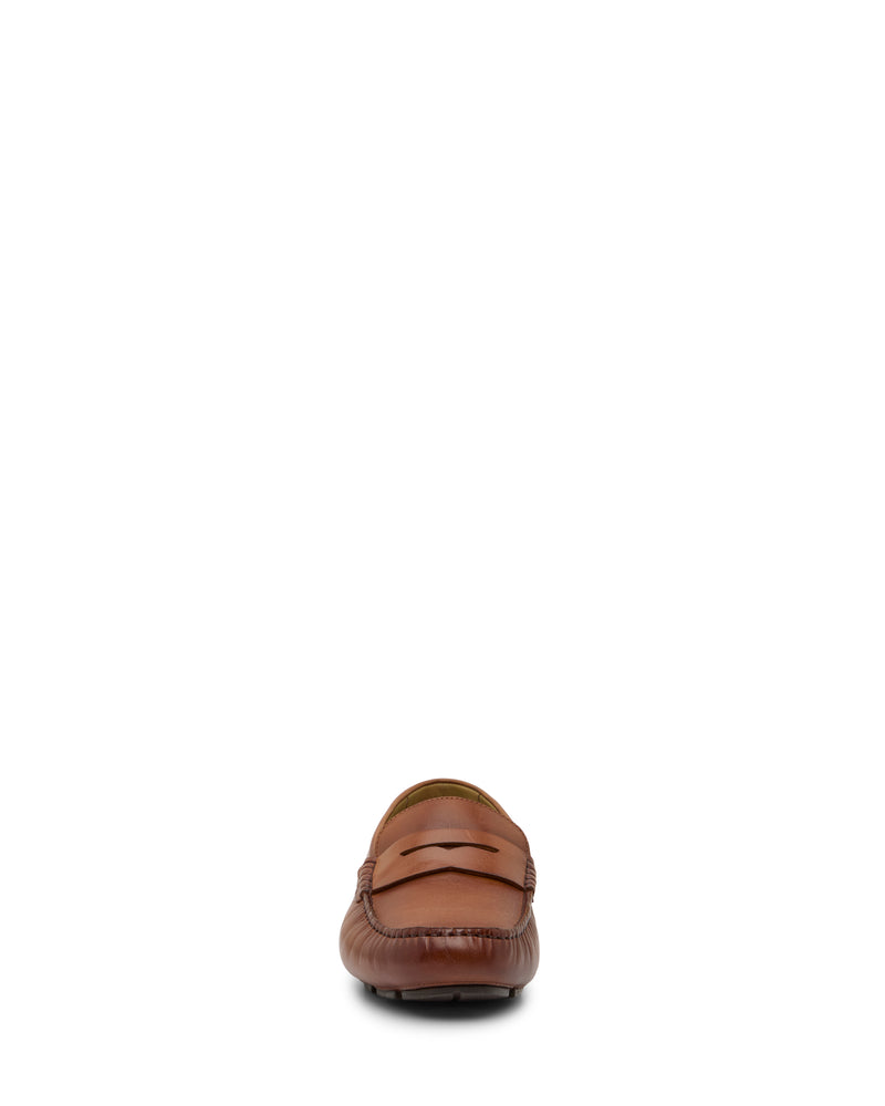 The Vince Camuto Men's Vitzroy Slip-On, a brown leather loafer with a versatile silhouette, is centered against a white background and shown from the front with the toe facing the camera.