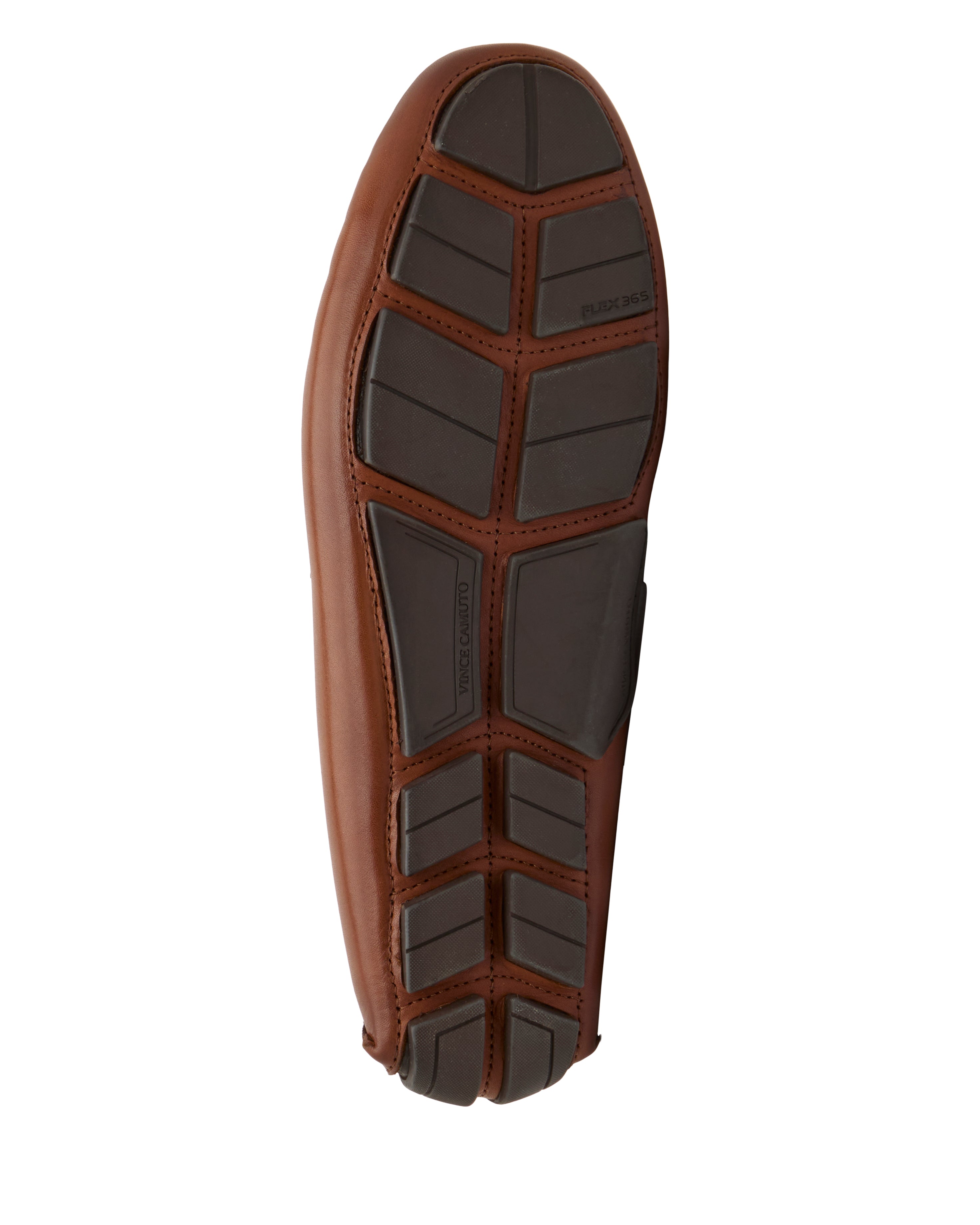 The Vince Camuto Men's Vitzroy Slip-On is a brown leather loafer with a black rubber sole featuring a grid-like tread, shown from the bottom against a white background. Its versatile silhouette suits any occasion.