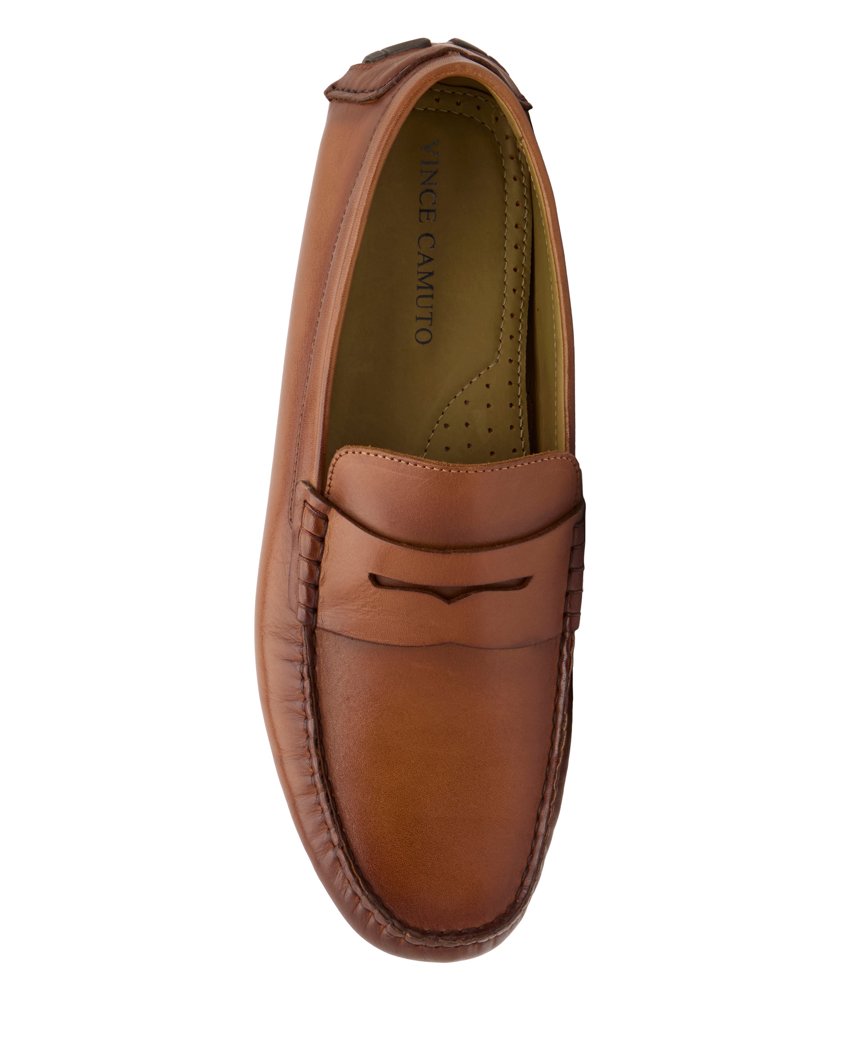 A top view of the Vince Camuto Men's Vitzroy Slip-On shows brown leather with stitching, a penny slot on the upper, and a light tan insole branded "Vince Camuto" in black.