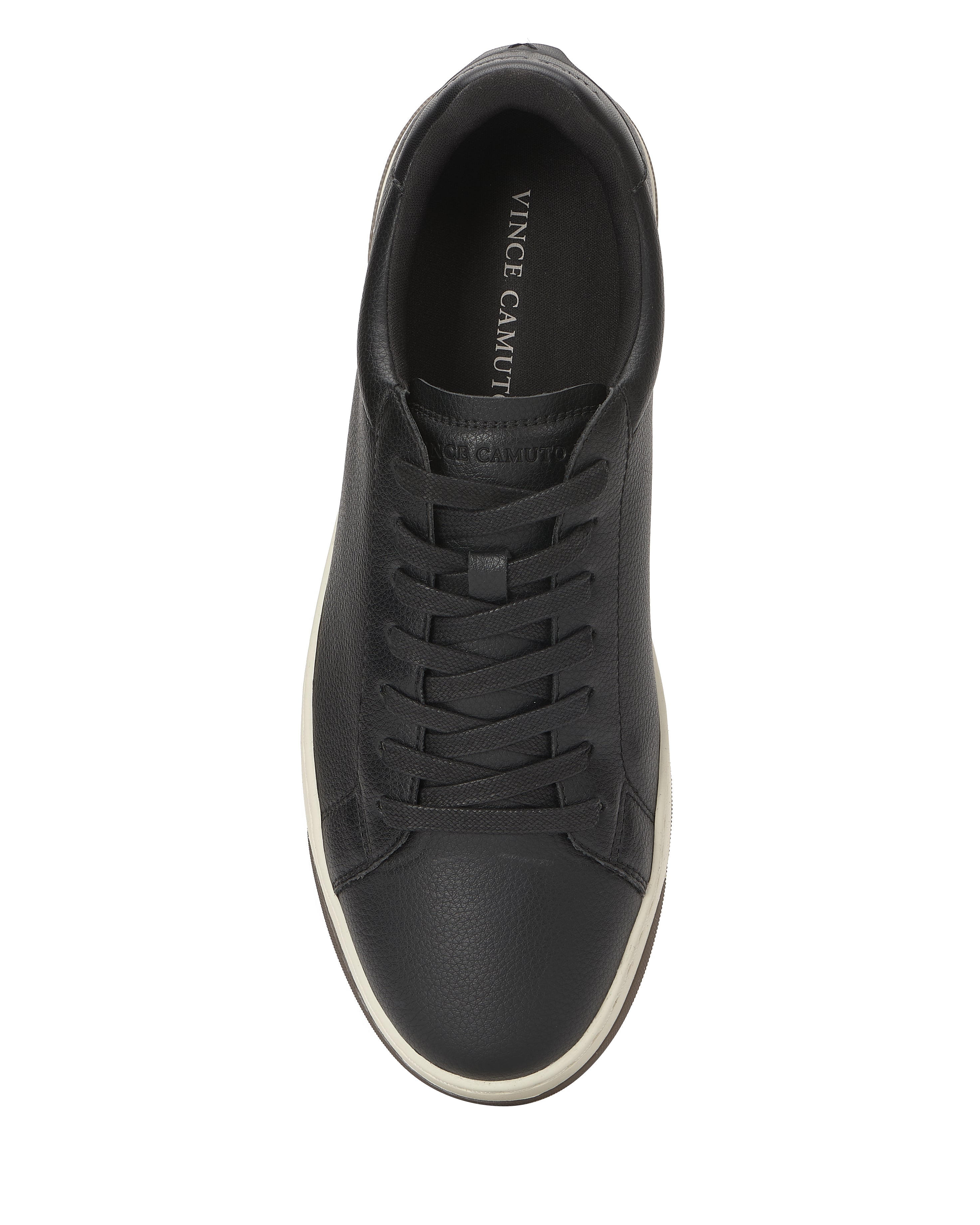 Top view of the Men's Wynsten Sneaker by Vince Camuto, a black casual shoe with black laces, white sole, textured leather upper, and an EVA insole labeled Vince Camuto.