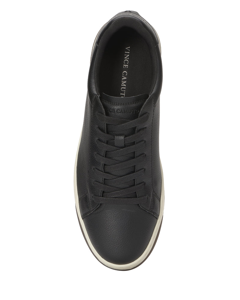 Top view of the Men's Wynsten Sneaker by Vince Camuto, a black casual shoe with black laces, white sole, textured leather upper, and an EVA insole labeled Vince Camuto.