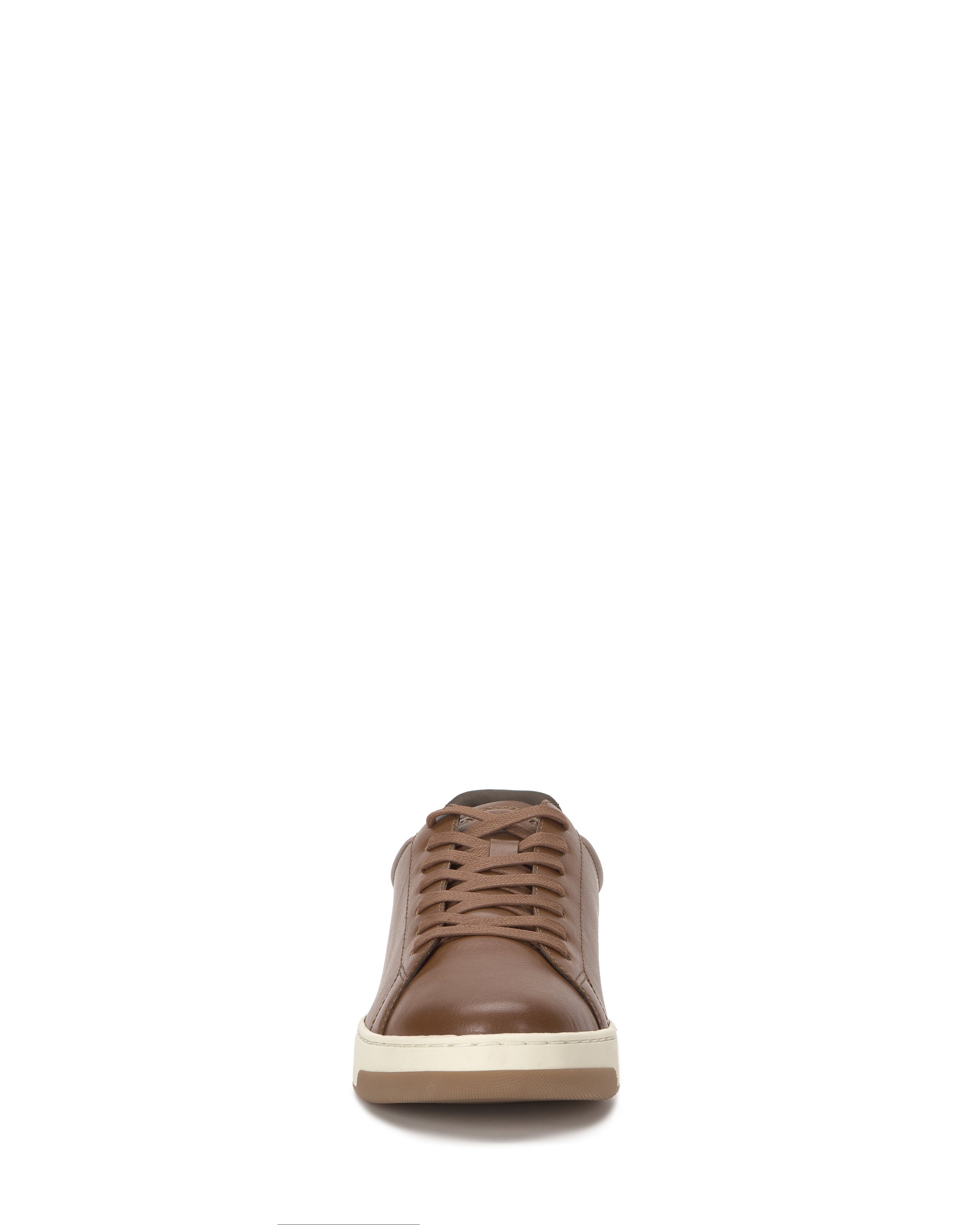 Front view of the Vince Camuto Men's Wynsten Sneaker in brown leather with matching laces, a white rubber sole, and cushioned EVA insole. Displayed on a plain white background—ideal for casual style.