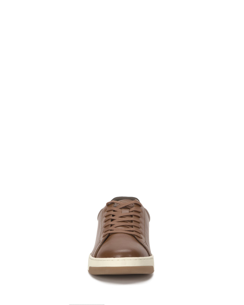 Front view of the Vince Camuto Men's Wynsten Sneaker in brown leather with matching laces, a white rubber sole, and cushioned EVA insole. Displayed on a plain white background—ideal for casual style.