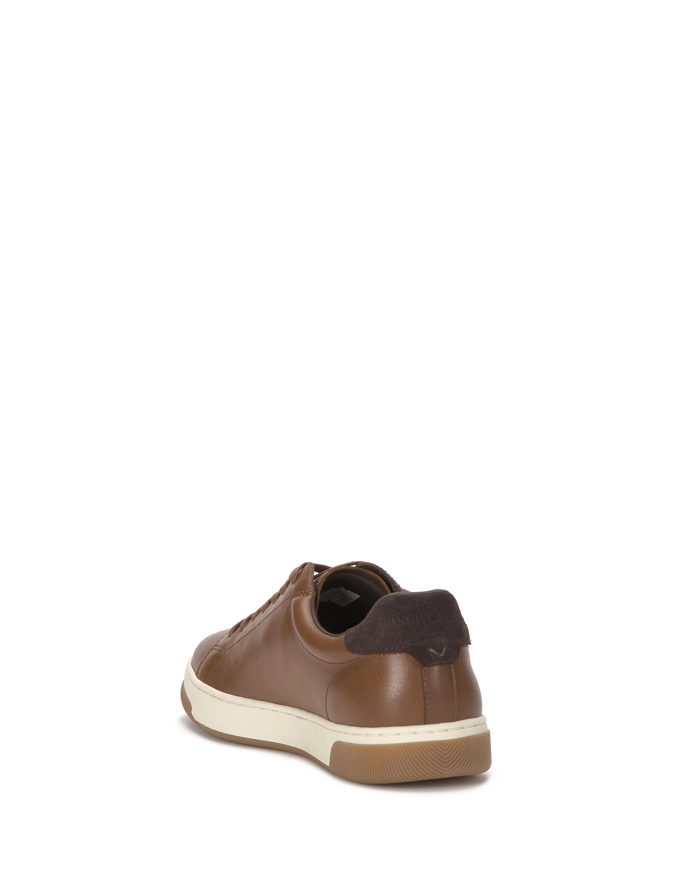 The Vince Camuto Men's Wynsten Sneaker features brown leather, a white sole, dark brown heel accent, textured tan outsole, and an EVA insole for comfort. Shown from the back and side for a relaxed, casual look.
