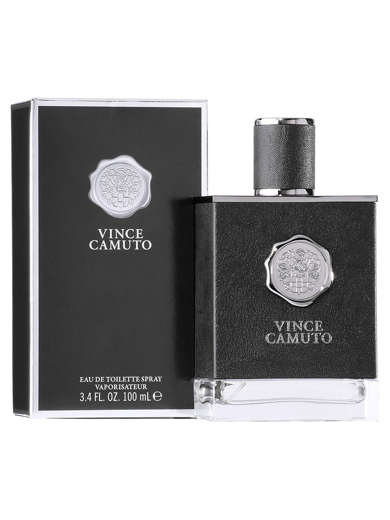 A bottle and box of Vince Camuto Men's 3.4 oz Eau de Toilette Spray are shown, featuring sleek black packaging with silver accents and the Vince Camuto logo, offering a bold, masculine scent in a luxury presentation.