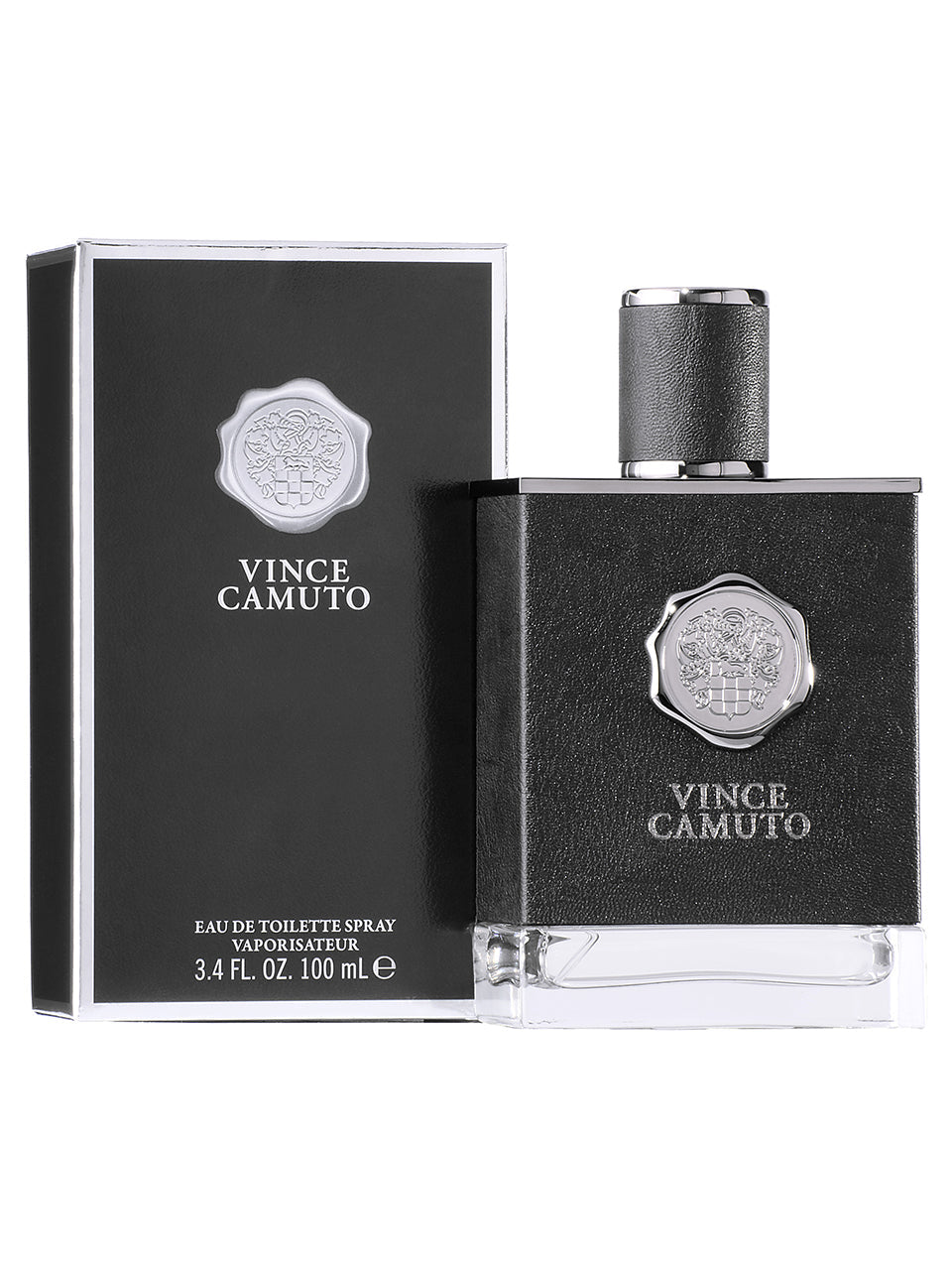 A bottle and box of Vince Camuto Men's 3.4 oz Eau de Toilette Spray are shown, featuring sleek black packaging with silver accents and the Vince Camuto logo, offering a bold, masculine scent in a luxury presentation.