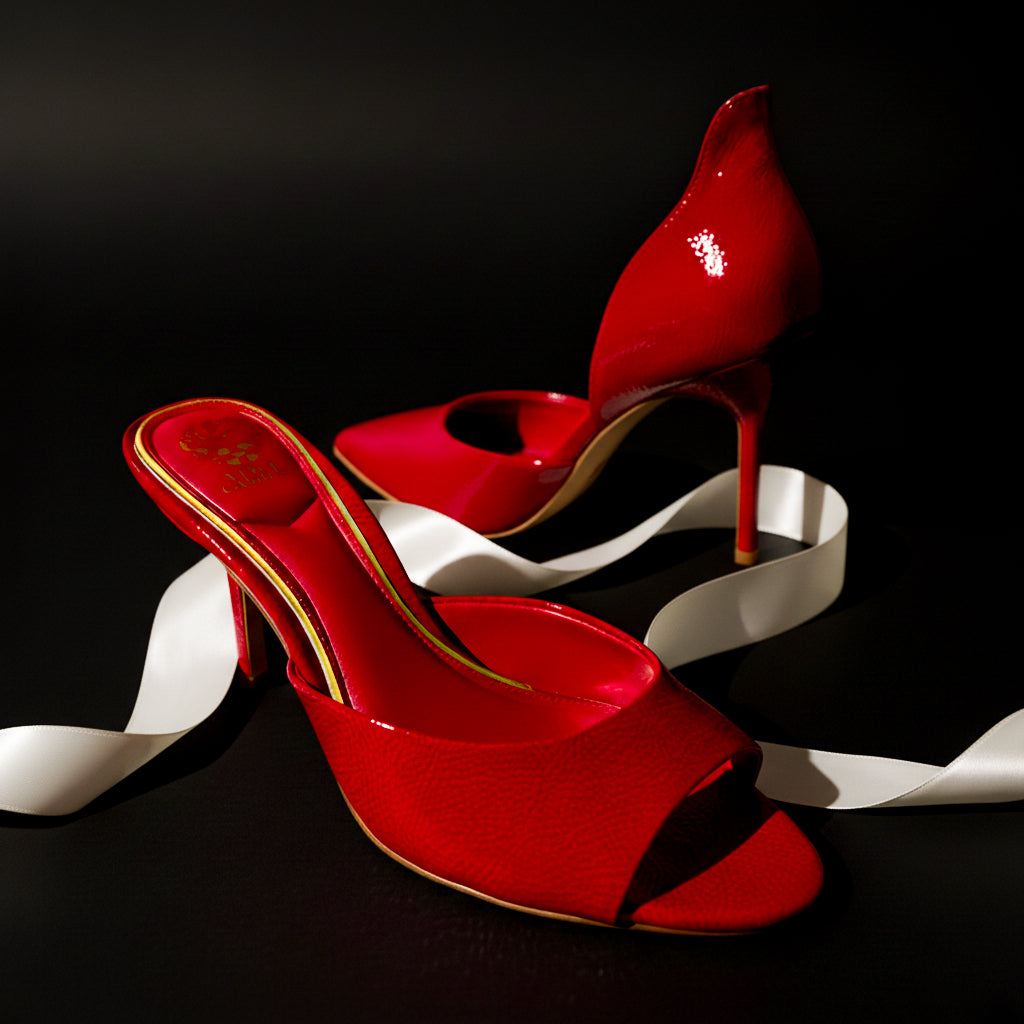 Prynn Sandal and the Mirea Pump in Flame shot in a dimly lit studio with white holiday ribbon weaved beween them