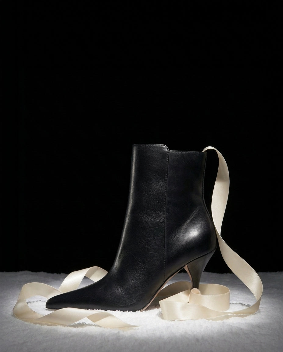 Black leather ankle boot with a white ribbon on a dark background