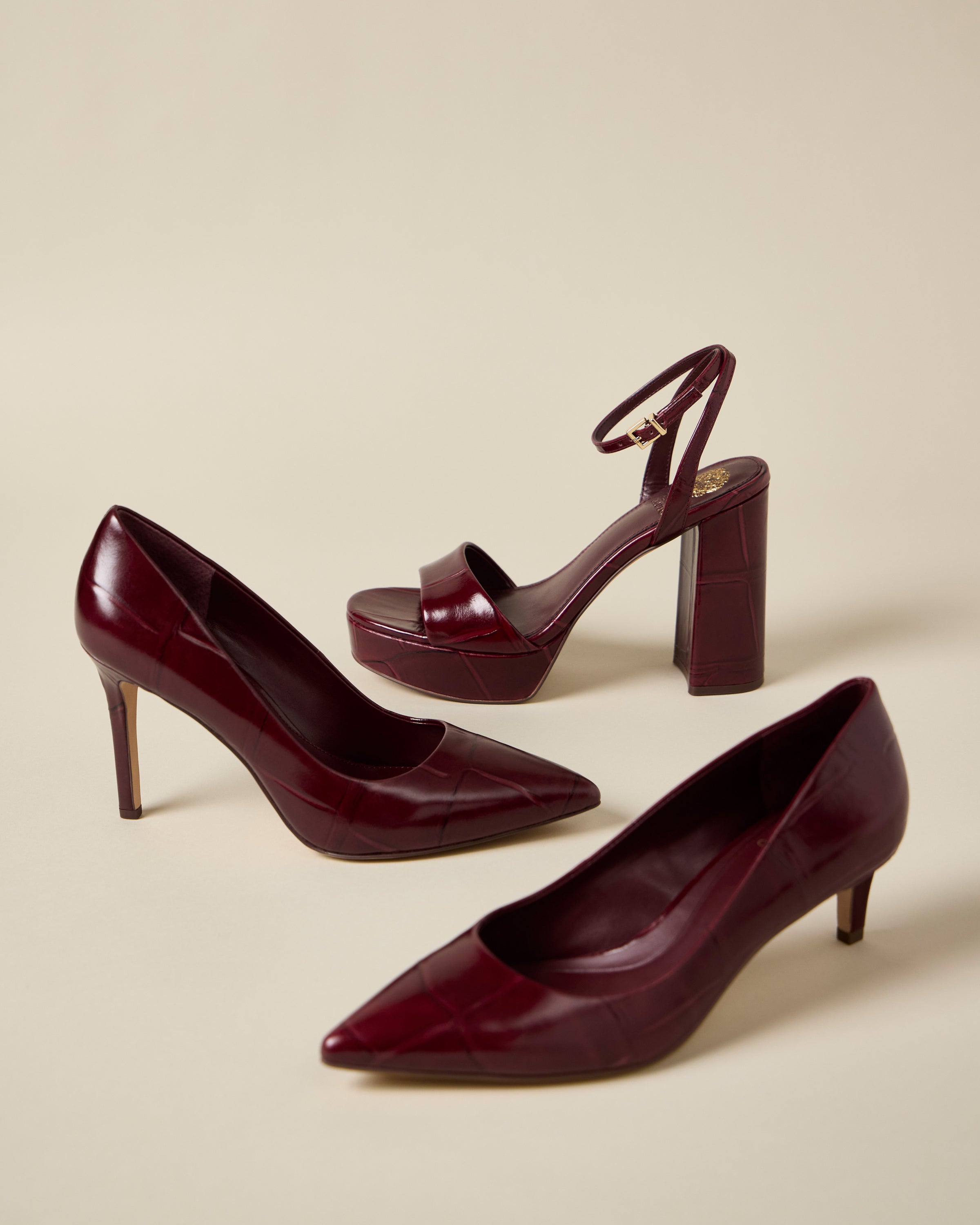 The Pendry Platform Sandal in Plum, the Savilla Pump in Plum, and the Kehlia Kitten Heel in Plum