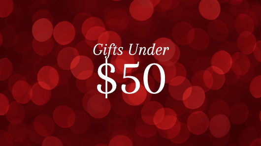 Red shimmering light gif with the text "Gifts Under $50" overlayed
