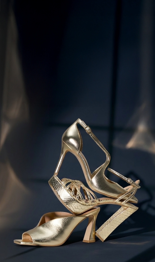 GOLD SHOES ON dark background