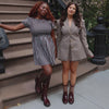 2 girls wearing fall boots on a urban city street in different settings