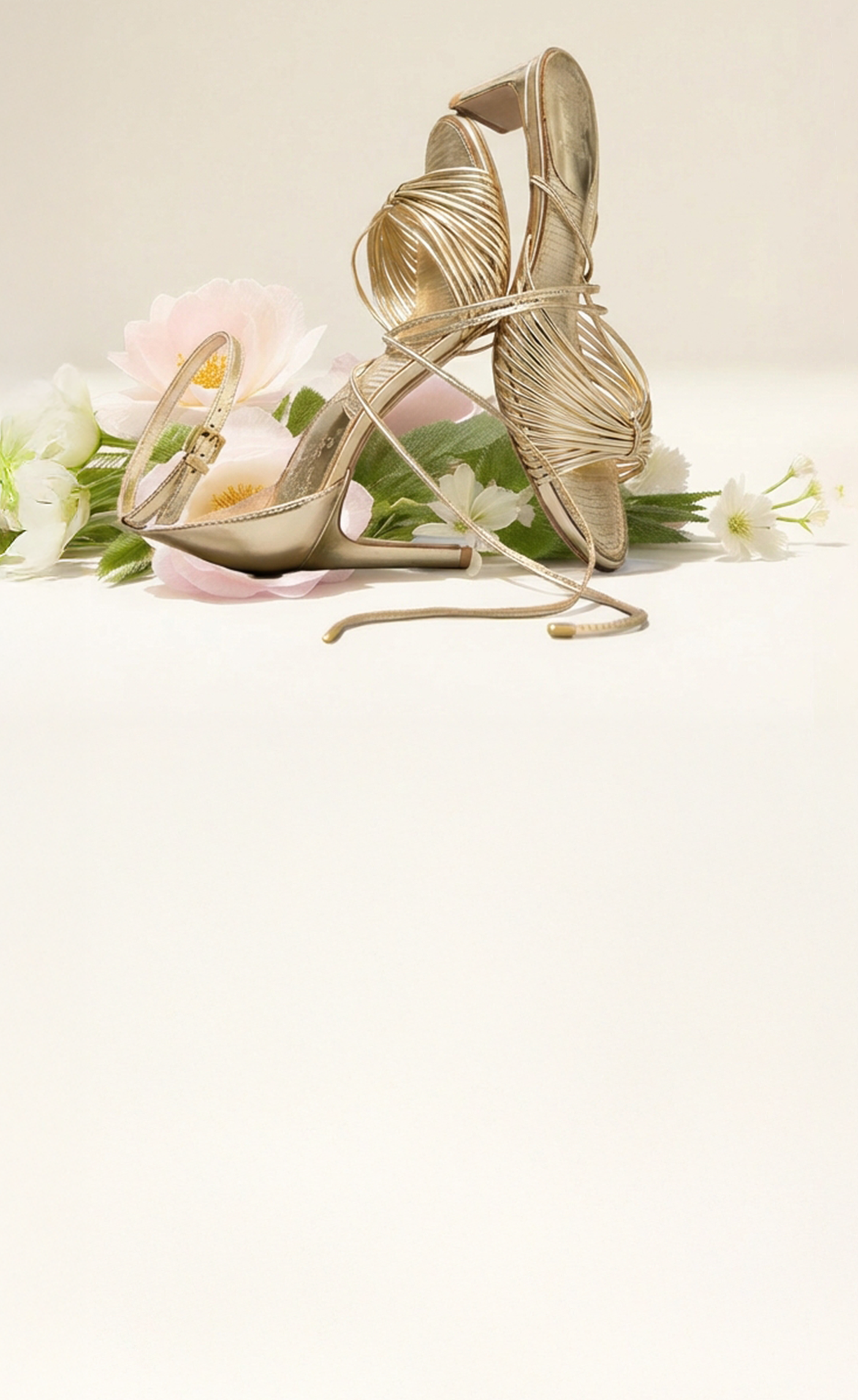 Gold high-heeled shoes with floral arrangement on a light background